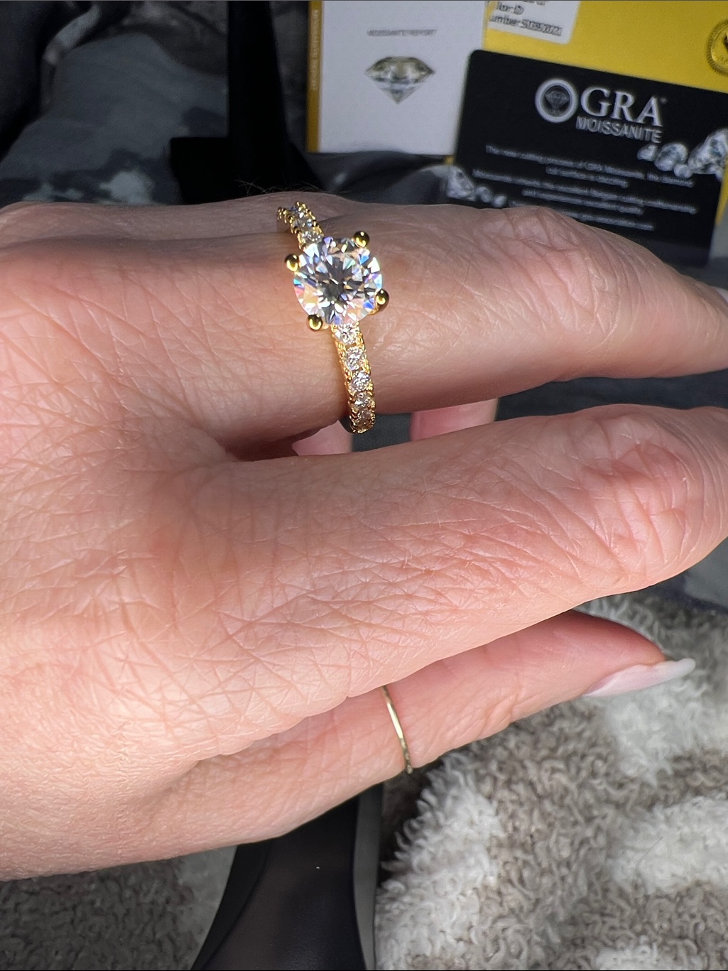 18k Gold Over S925 Moissanite Solitaire Engagement Ring With Pav Band -